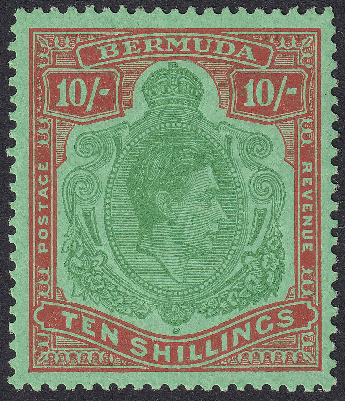 Bermuda 1953 KGVI 10sh Green and Dull Red on Green p13 Mint SG119f