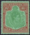 Click for more photos and details Bermuda 1953 KGVI 10sh Green and Dull Red on Green p13 Mint SG119f