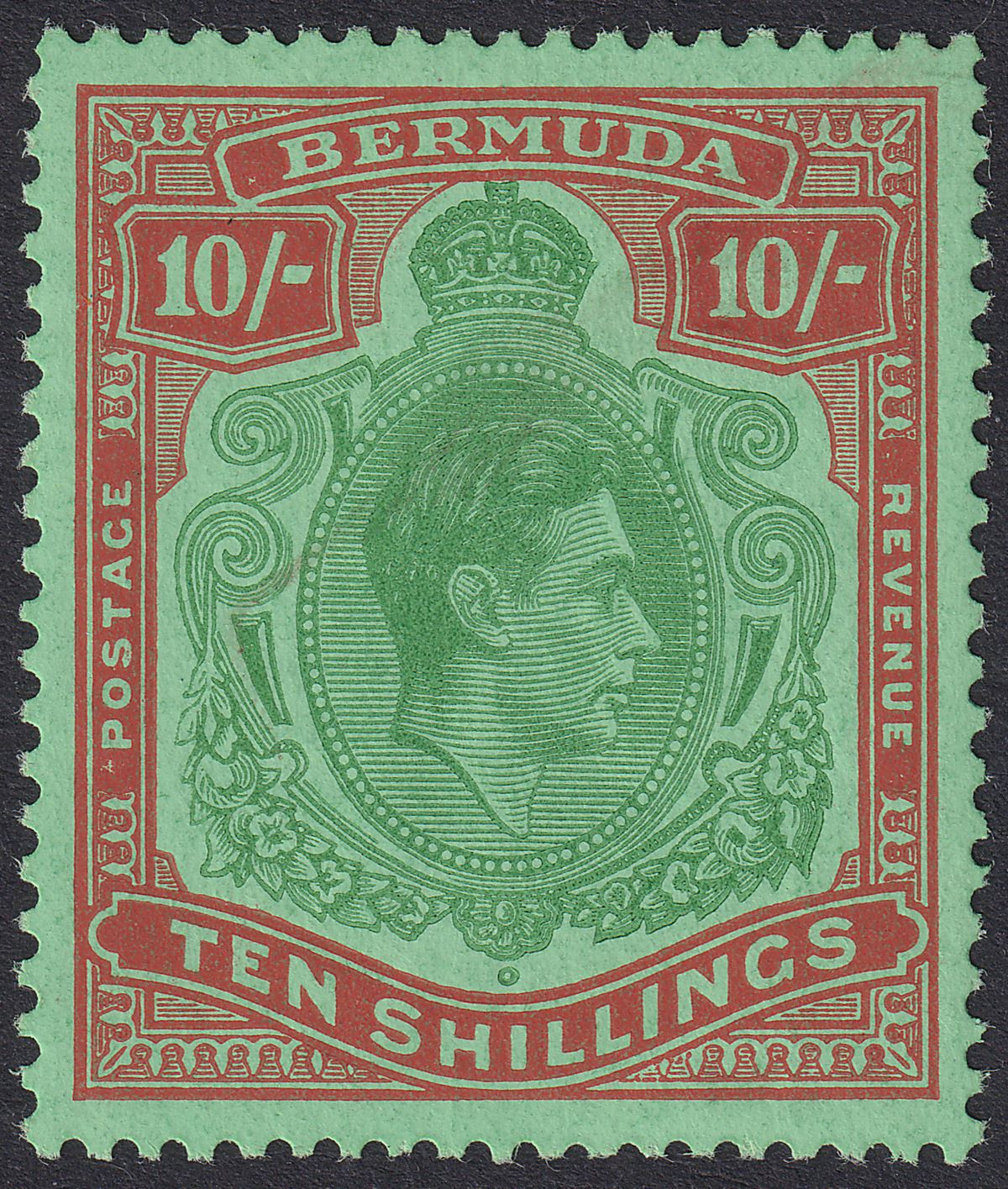 Bermuda 1953 KGVI 10sh Green and Dull Red on Green p13 Mint SG119f