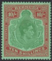 Click for more photos and details Bermuda 1953 KGVI 10sh Green and Dull Red on Green p13 Mint SG119f