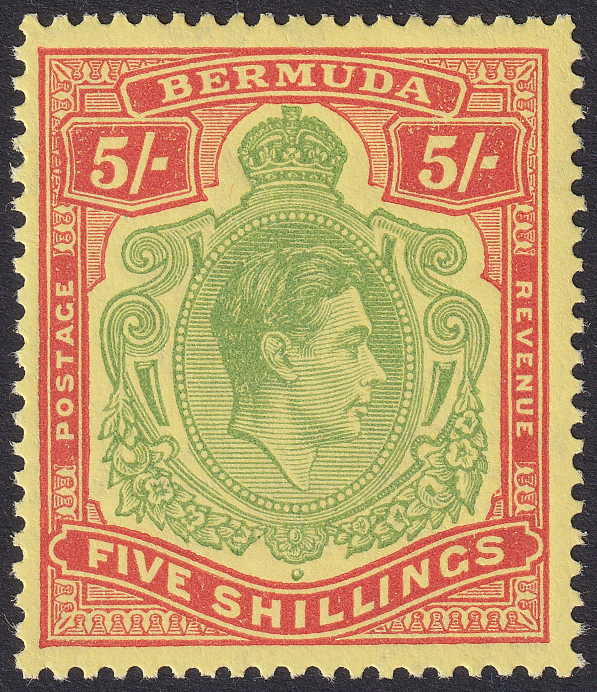 Bermuda 1949 KGVI 5sh Yellow-Green and Red on Pale Yellow p13 Mint SG118f