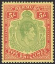 Click for more photos and details Bermuda 1949 KGVI 5sh Yellow-Green and Red on Pale Yellow p13 Mint SG118f