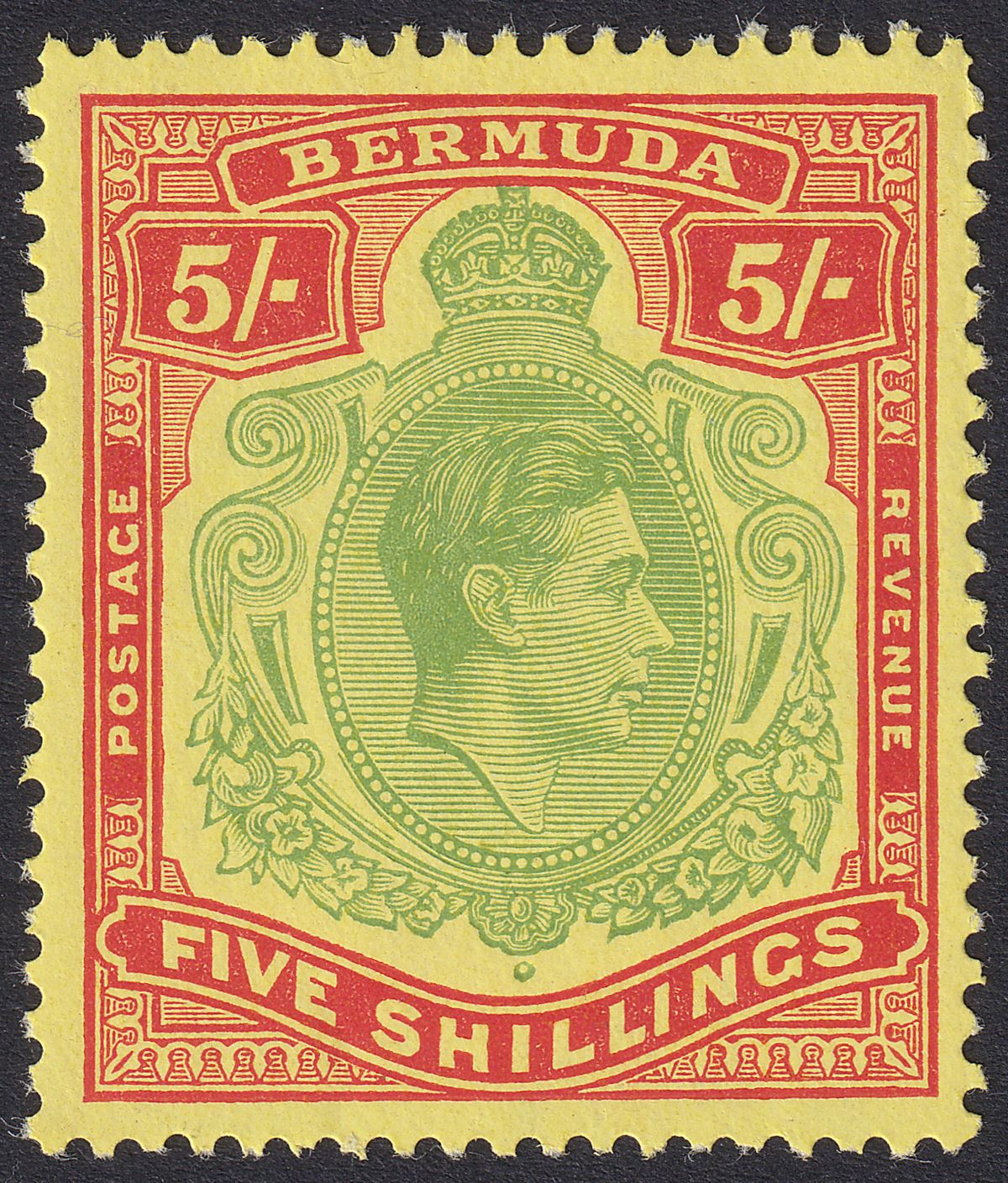Bermuda 1952 KGVI 5sh Pale Green and Red on Yellow p13 Mint SG118g