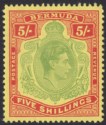 Click for more photos and details Bermuda 1952 KGVI 5sh Pale Green and Red on Yellow p13 Mint SG118g