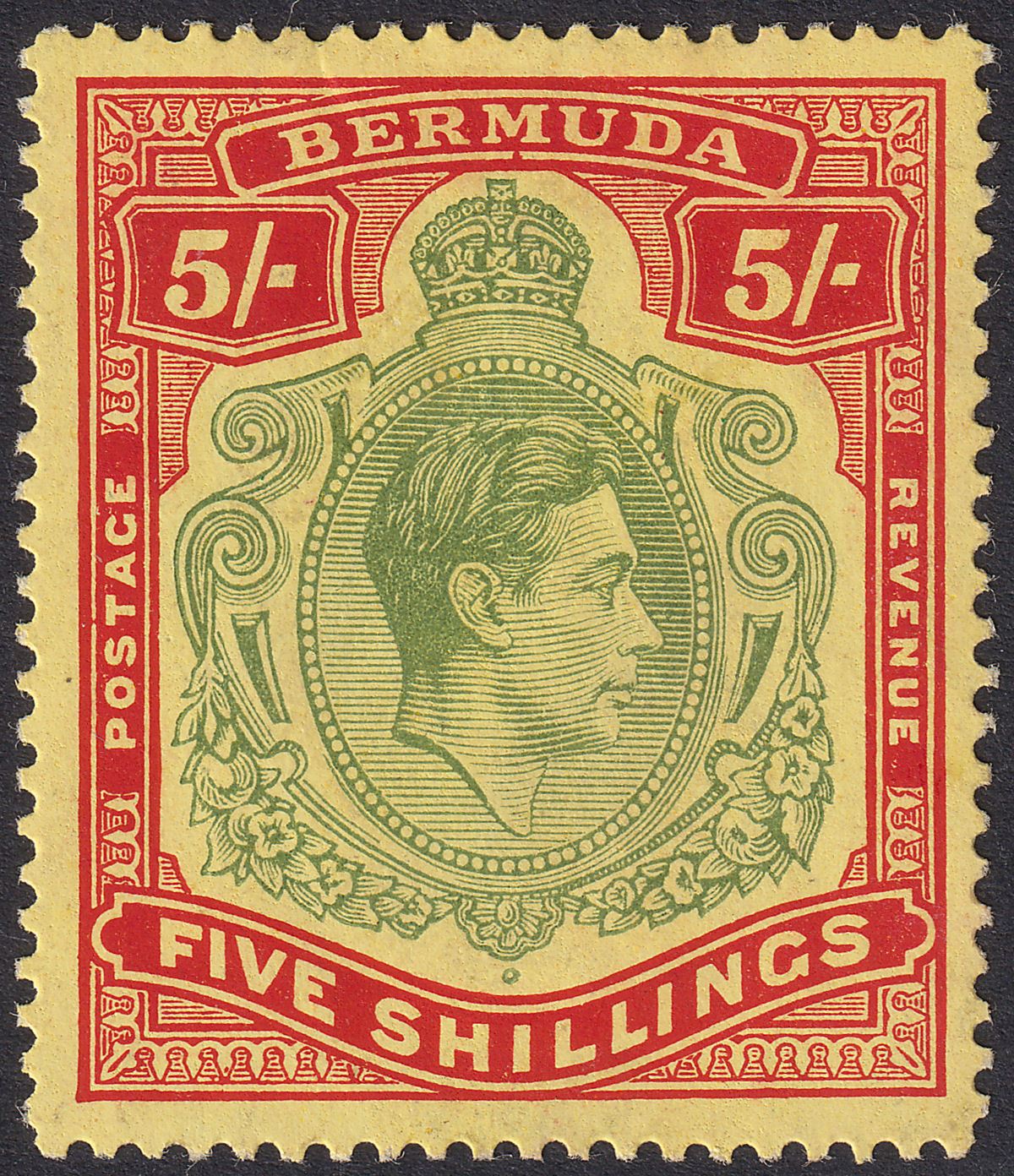 Bermuda 1941 KGVI 5sh Dull Yellow-Green and Red on Yellow p14¼ Mint SG118b