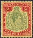 Click for more photos and details Bermuda 1941 KGVI 5sh Dull Yellow-Green and Red on Yellow p14¼ Mint SG118b