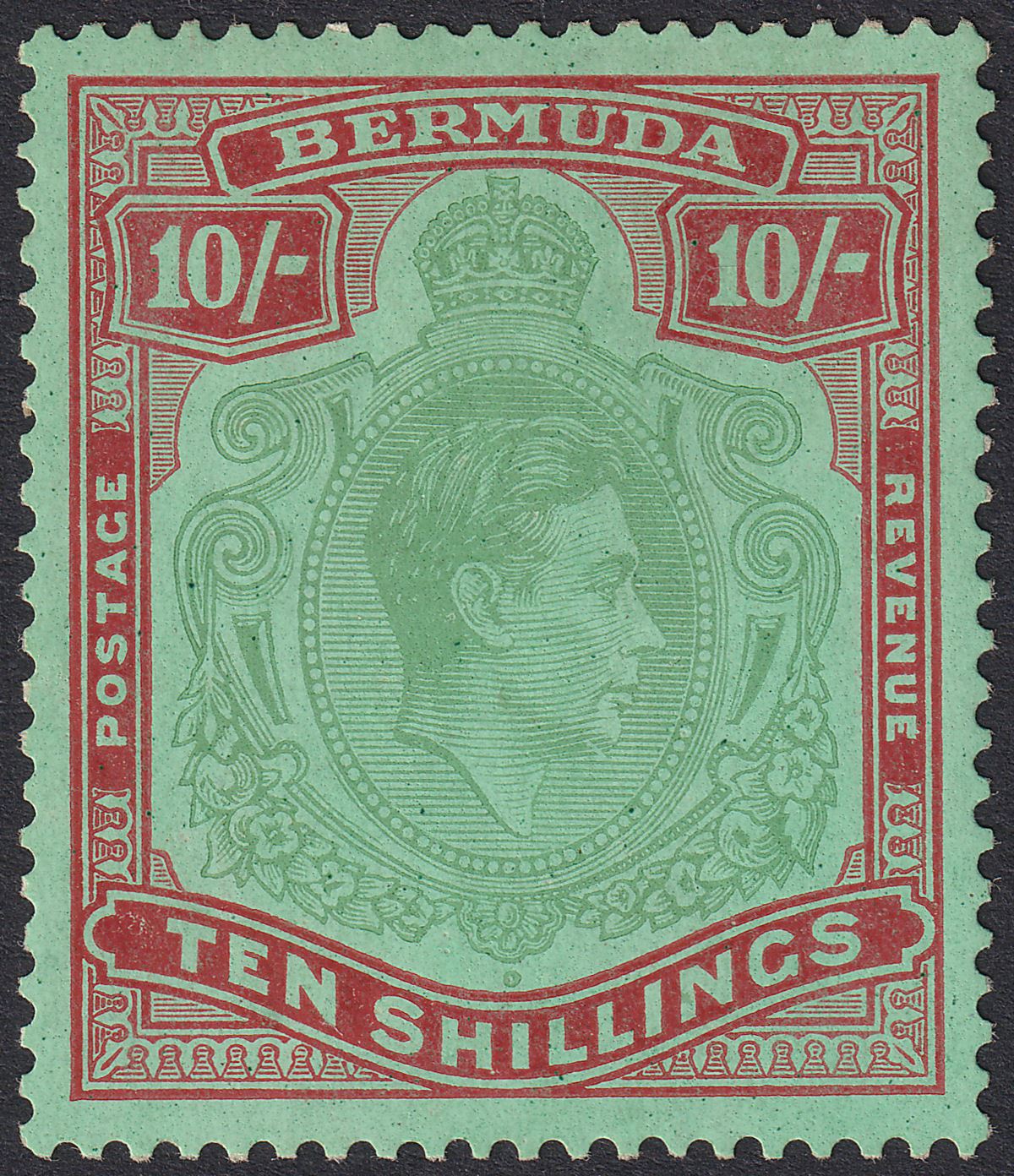 Bermuda 1943 KGVI 10sh Yl Grn + Red on Grn p14 Gash in Chin Variety Mint SG119cf