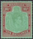 Click for more photos and details Bermuda 1943 KGVI 10sh Yl Grn + Red on Grn p14 Gash in Chin Variety Mint SG119cf