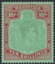 Bermuda 1943 KGVI 10sh Yl Grn + Red on Grn p14 Gash in Chin Variety Mint SG119cf