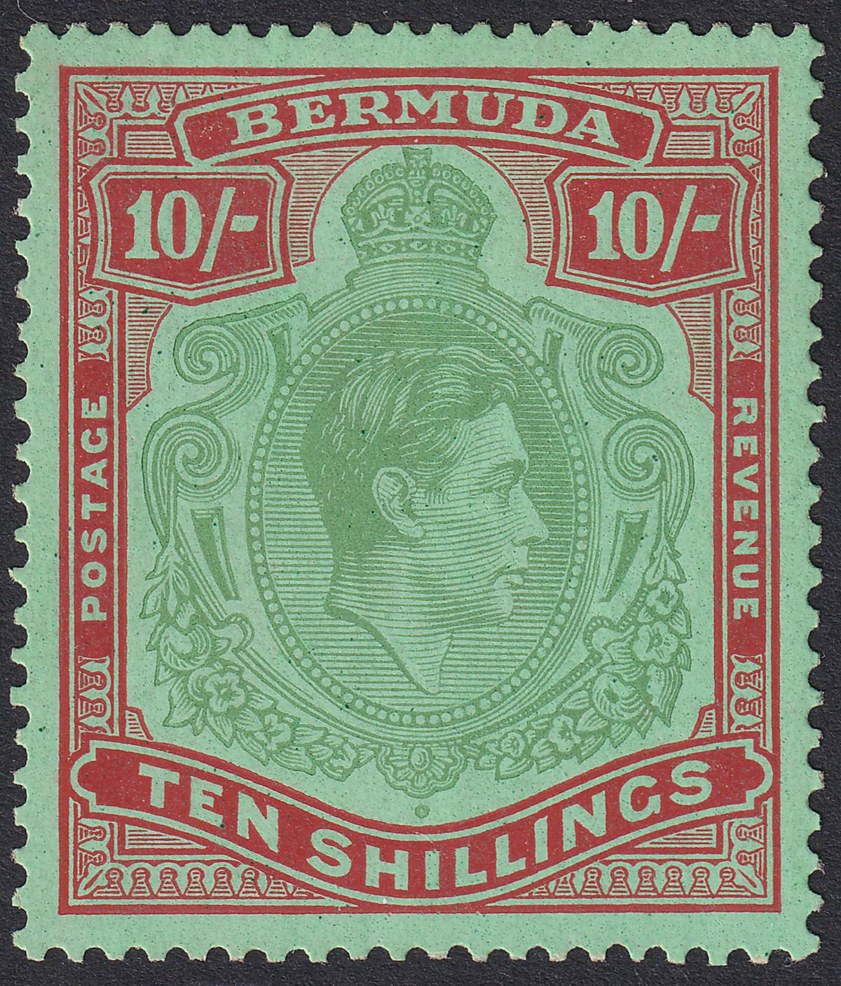 Bermuda 1943 KGVI 10sh Yellowish Green and Deep Red on Green p14 Mint SG119c