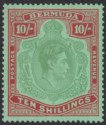 Click for more photos and details Bermuda 1943 KGVI 10sh Yellowish Green and Deep Red on Green p14 Mint SG119c