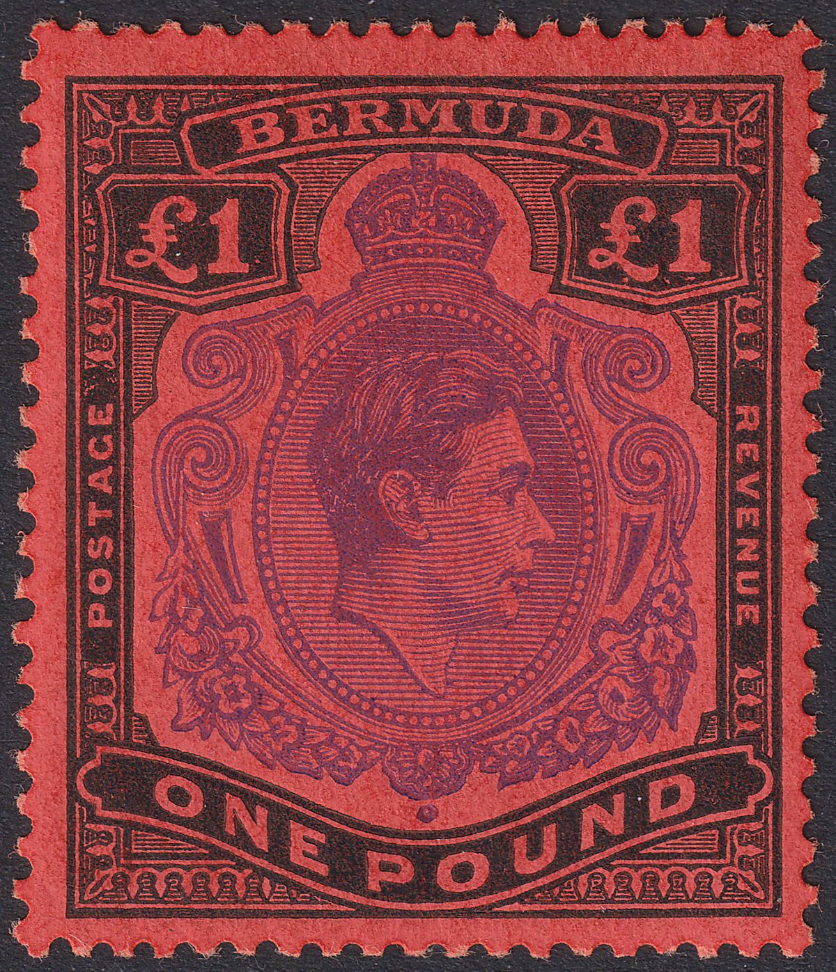 Bermuda 1952 KGVI £1 Violet and Black on Scarlet p13 Mint SG121d