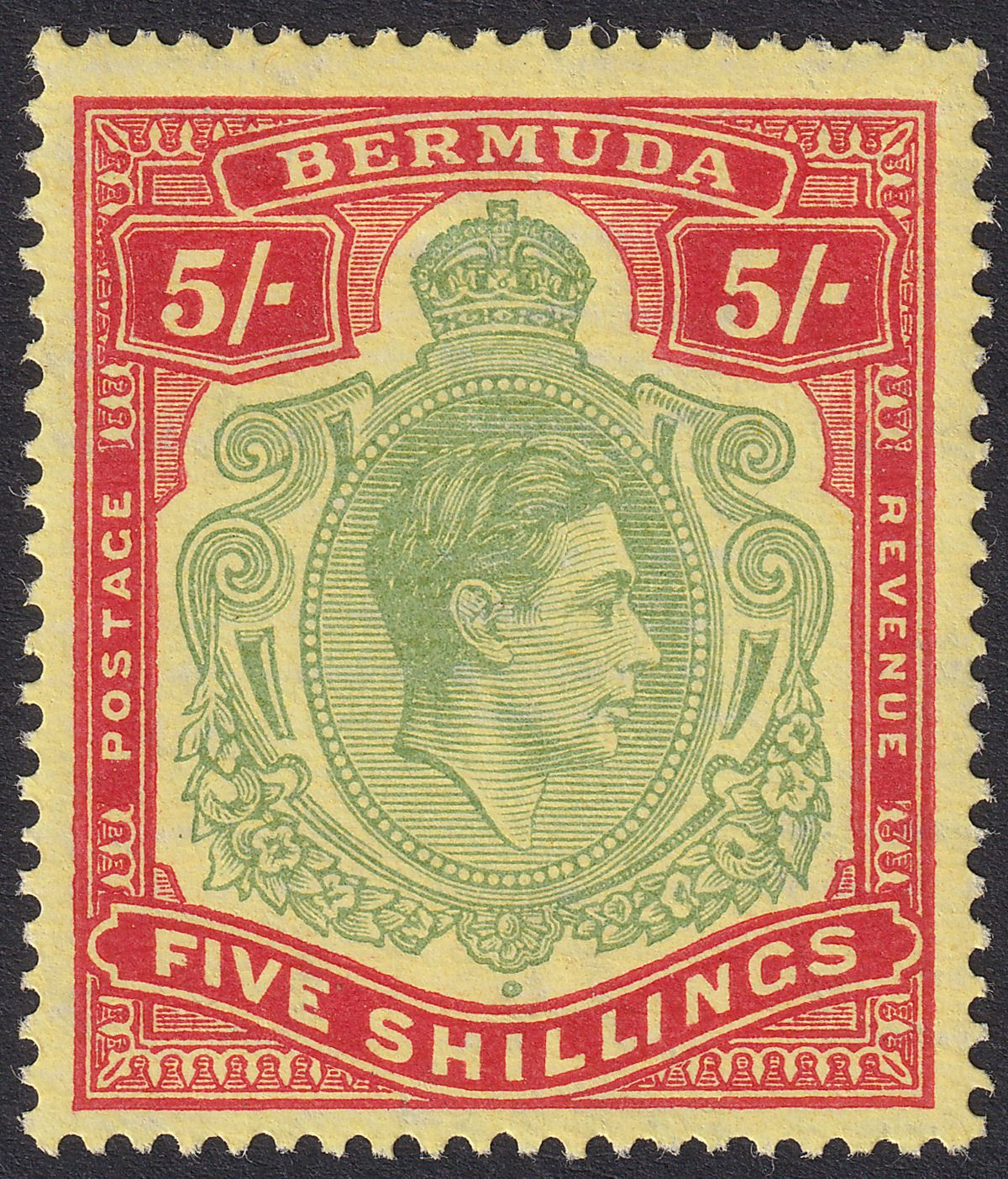 Bermuda 1943 KGVI 5sh Bluish-Green + Carmine-Red on Pale Yellow p14 Mint SG118d