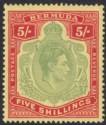 Click for more photos and details Bermuda 1943 KGVI 5sh Bluish-Green + Carmine-Red on Pale Yellow p14 Mint SG118d