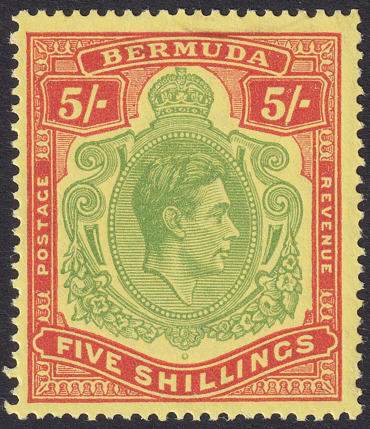 Bermuda 1948 KGVI 5sh Bright Yellow-Green and Red on Pale Yellow p14 Mint SG118e