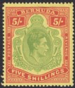 Click for more photos and details Bermuda 1948 KGVI 5sh Bright Yellow-Green and Red on Pale Yellow p14 Mint SG118e