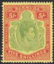 Bermuda 1948 KGVI 5sh Bright Yellow-Green and Red on Pale Yellow p14 Mint SG118e