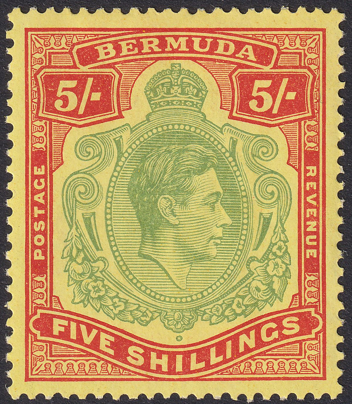 Bermuda 1939 KGVI 5sh Pale Green and Red on Yellow p14 Mint SG118a