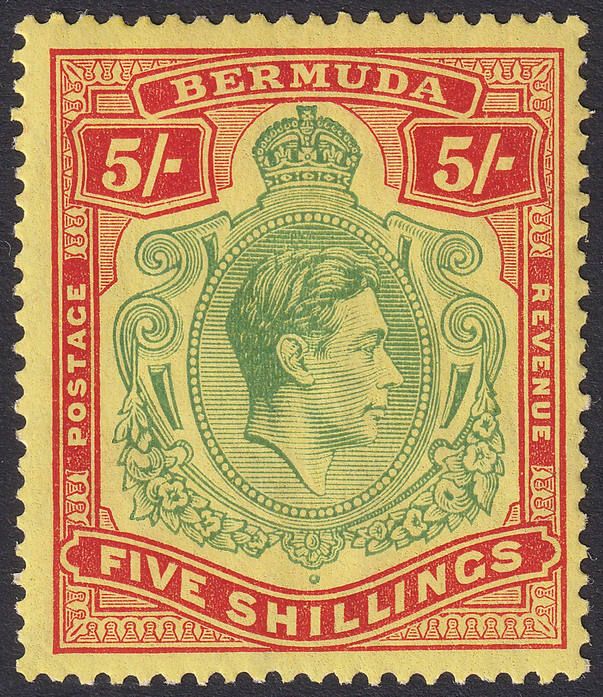 Bermuda 1937 KGVI 5sh Green and Red on Yellow p14 Mint SG118