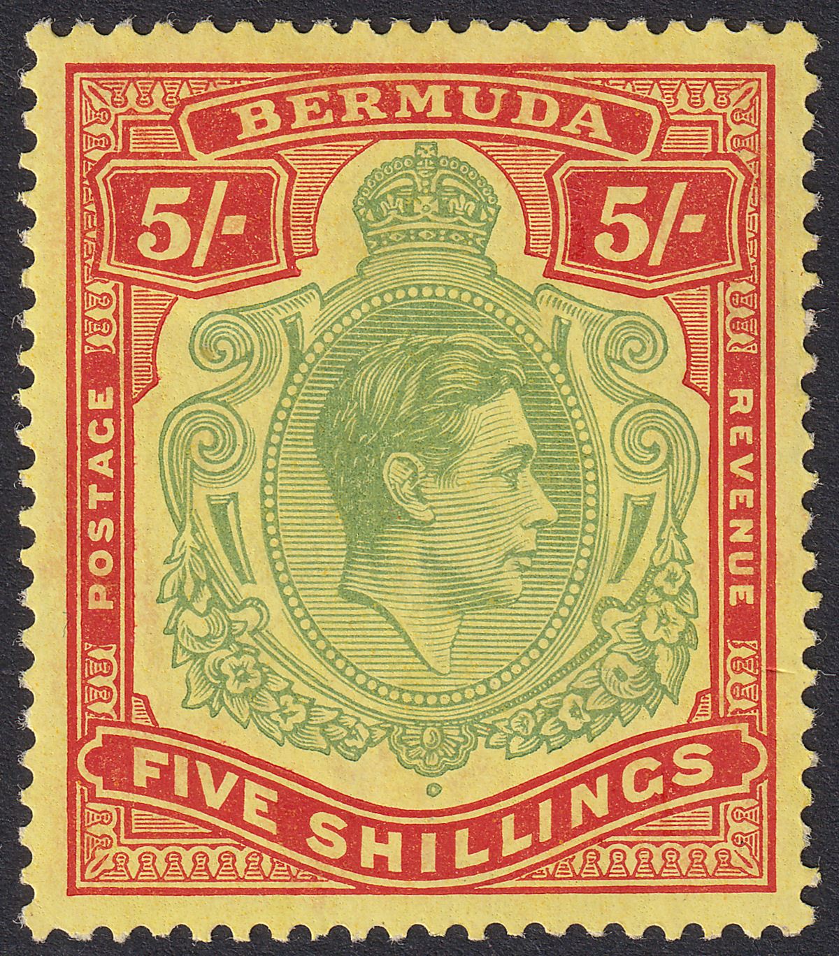 Bermuda 1939 KGVI 5sh Pale Green and Red on Yellow p14 Mint SG118a