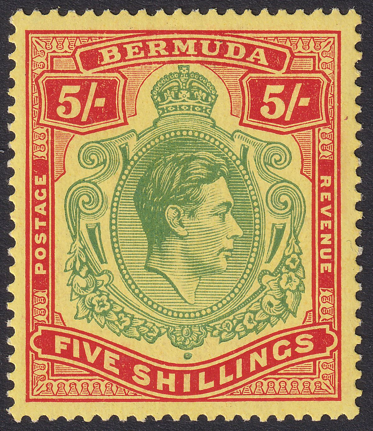 Bermuda 1937 KGVI 5sh Green and Red on Yellow p14 Mint SG118