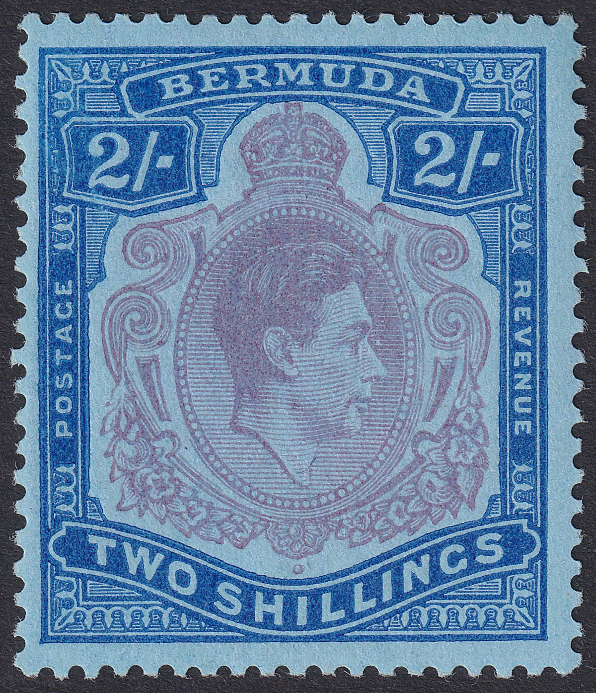 Bermuda 1949 KGVI 2sh Dull Purple and Blue on Pale Blue p13 Mint SG116e
