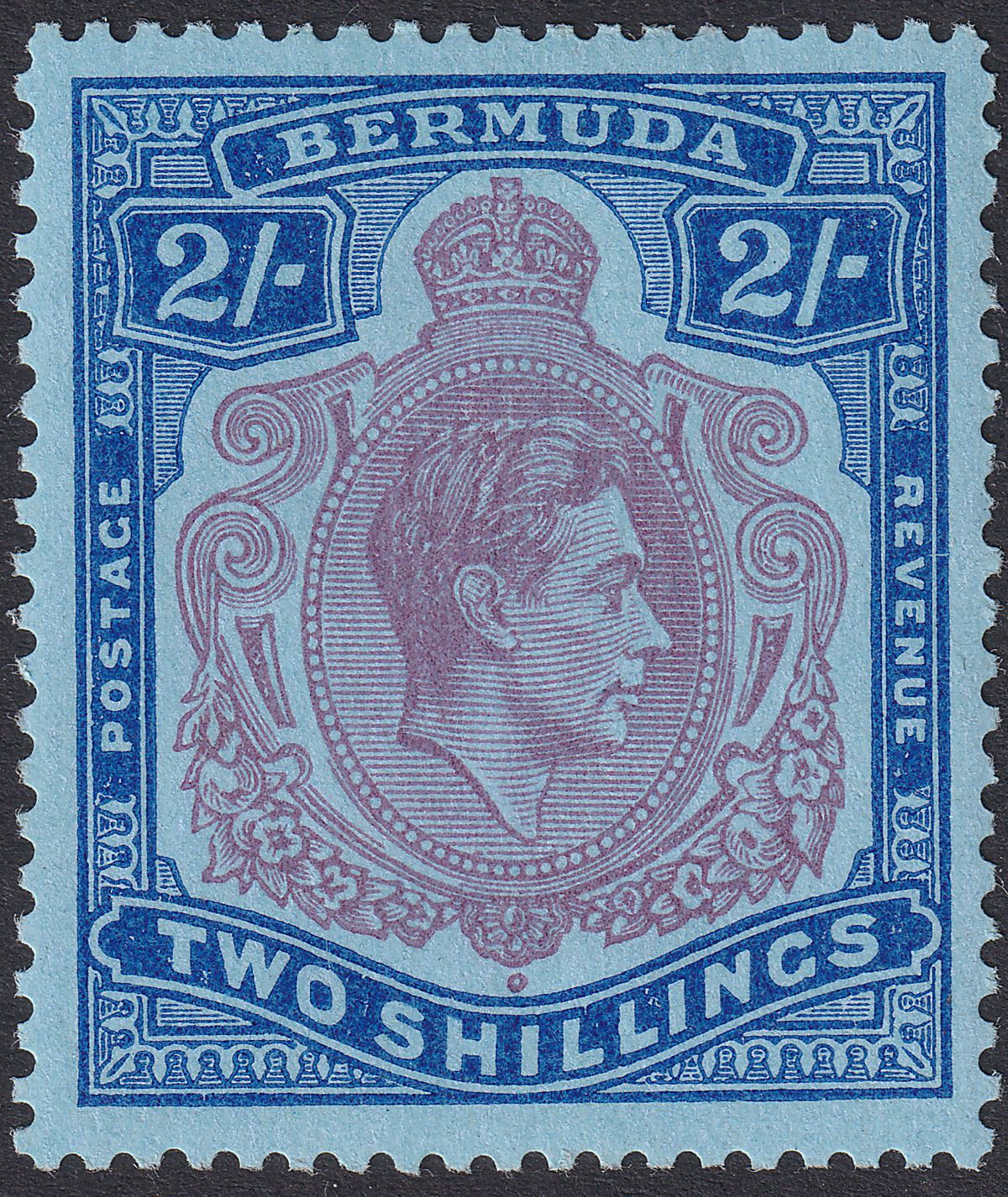 Bermuda 1950 KGVI 2sh Aniline Purple and Deep Blue on Pale Blue p13 Mint SG116f