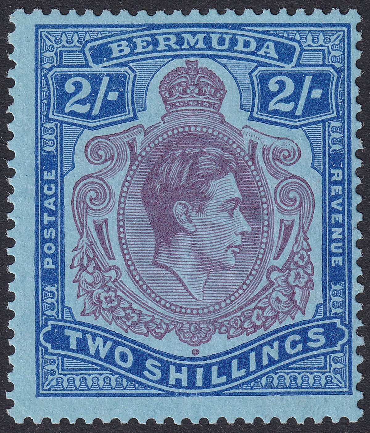 Bermuda 1943 KGVI 2sh Purple + Blue p14 Shading Omitted from Scroll Mint SG116db