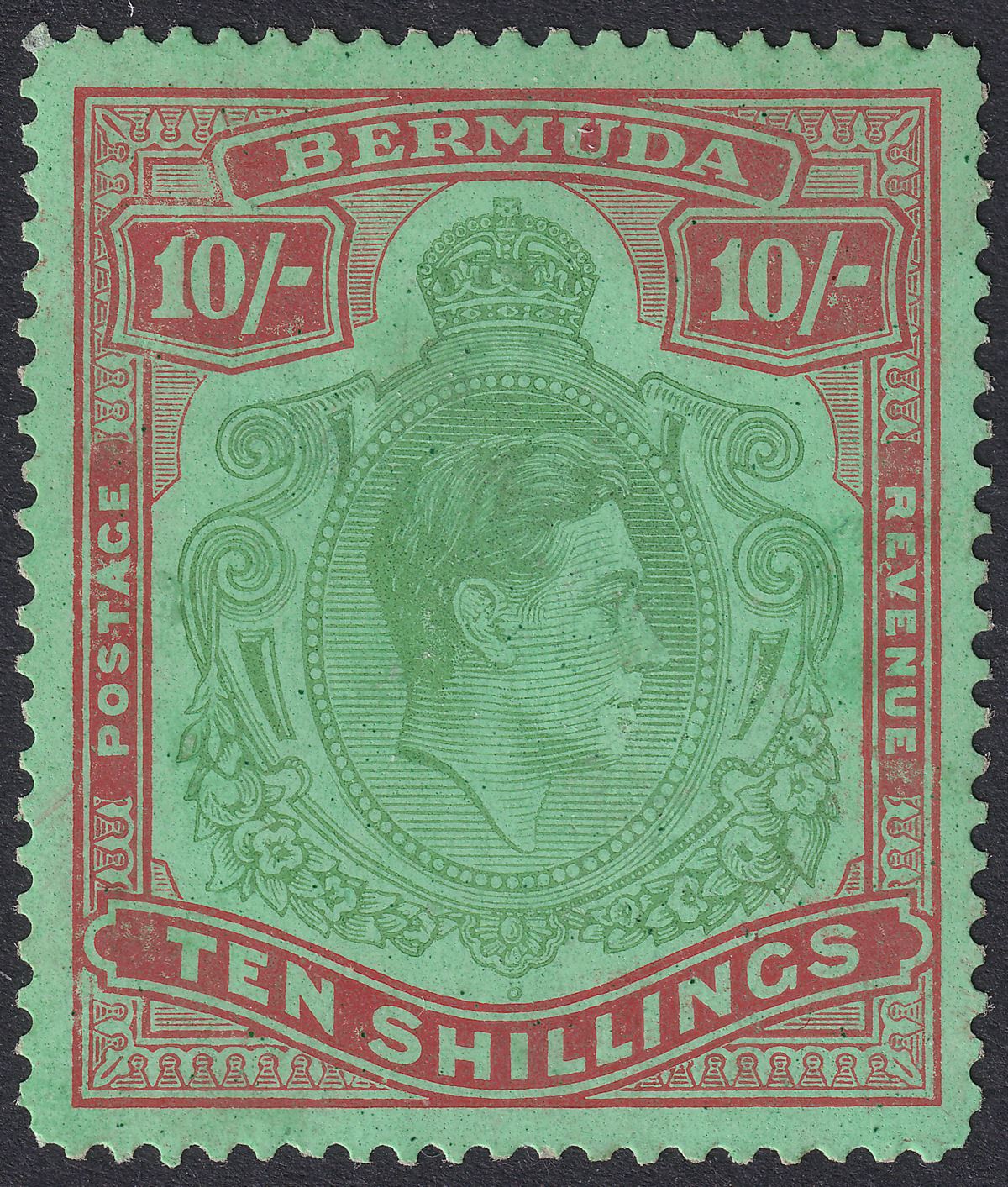 Bermuda 1942 KGVI 10sh line perf 14¼ Scroll w Broken Tail Mint SG119bc