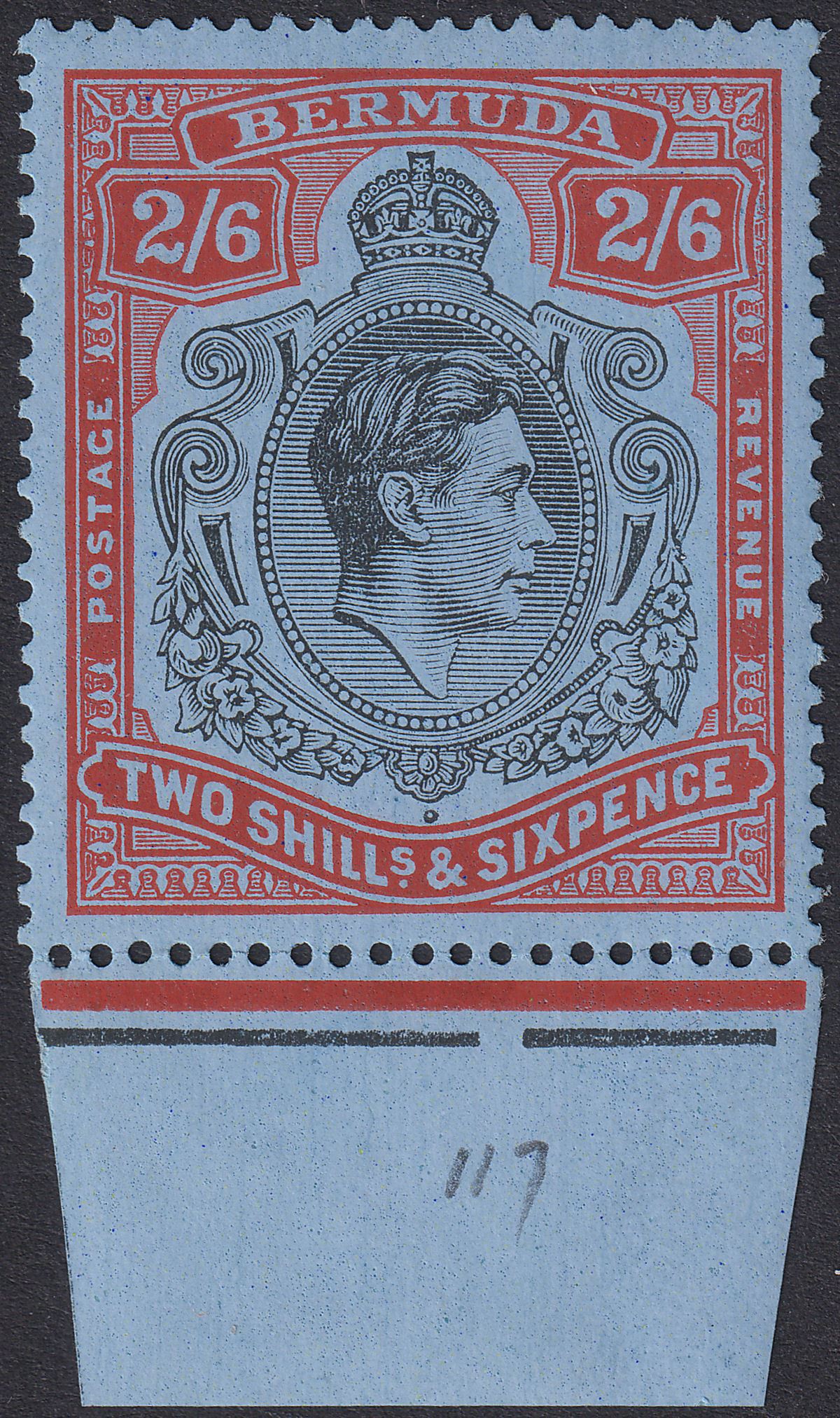 Bermuda 1937 KGVI 2sh6d Black and Deep Red on Grey-Blue p14 Mint SG117