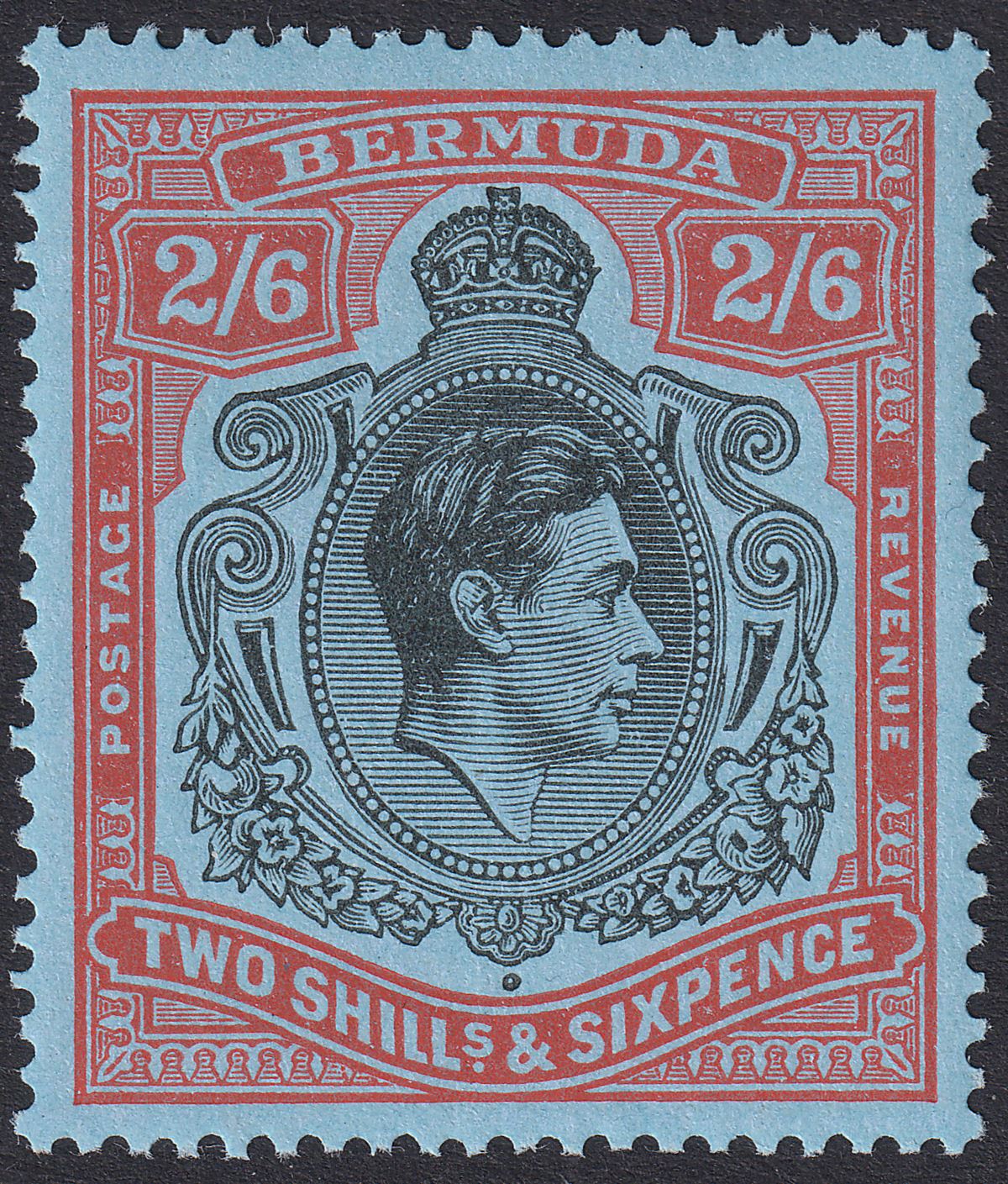Bermuda 1943 KGVI 2sh6d Black and Red on Pale Blue p14 Mint SG117b