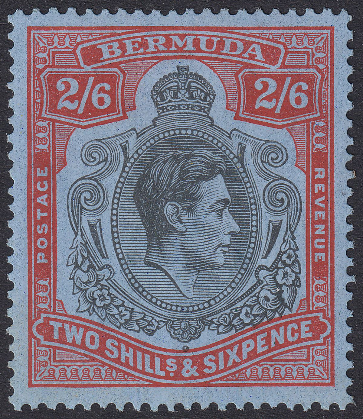 Bermuda 1940 KGVI 2sh6d Black and Carmine-Red on Grey-Blue p14 Mint SG117