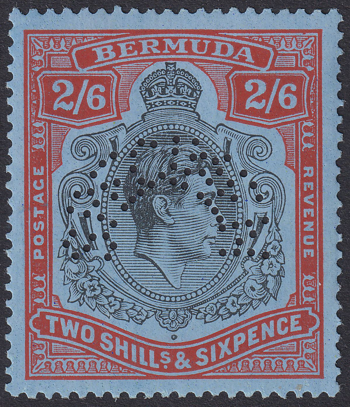 Bermuda 1937 KGVI 2sh6d Black and Deep Red on Grey-Blue p14 SPECIMEN SG117s