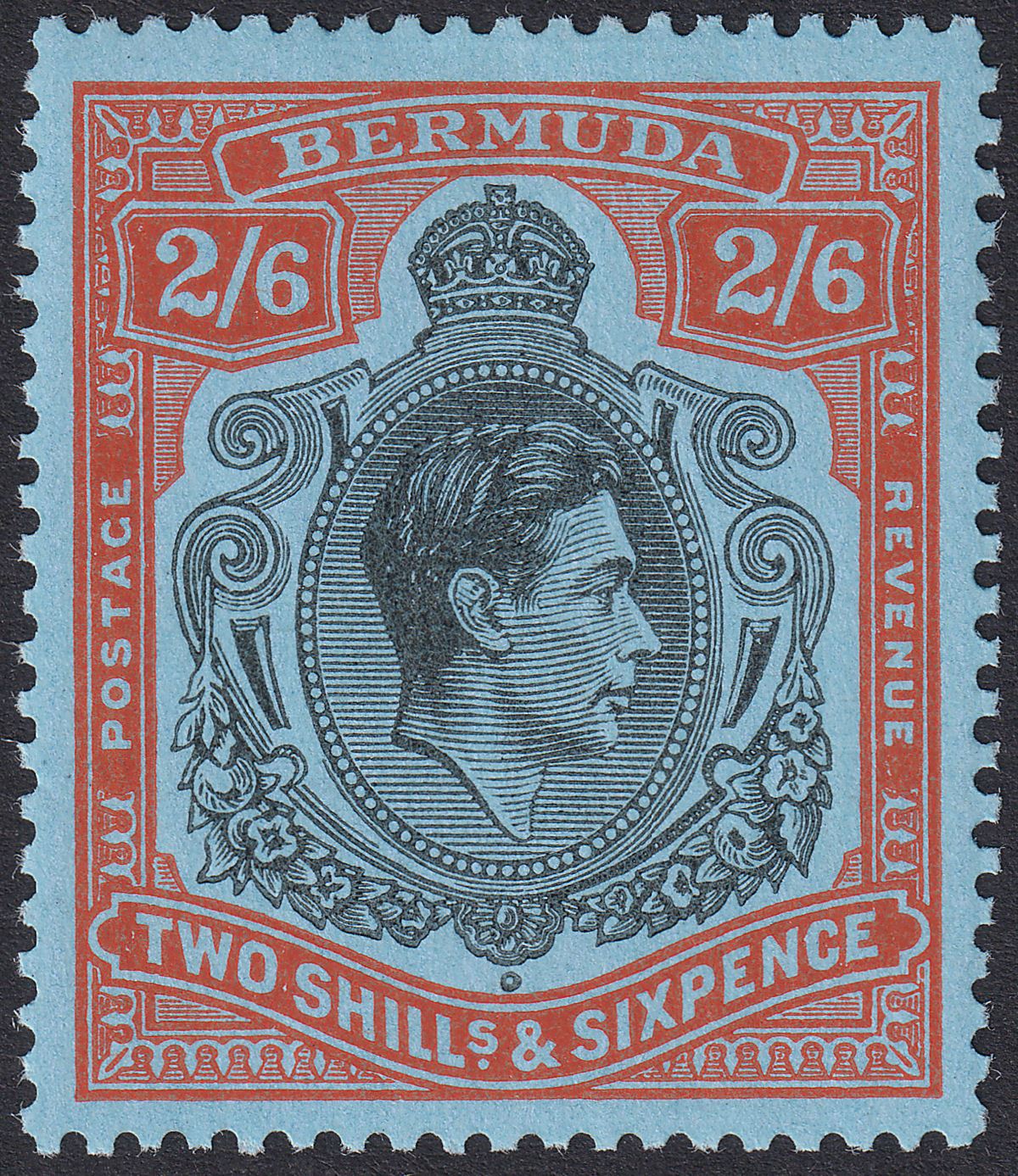Bermuda 1950 KGVI 2sh6d Black and Orange-Red on Pale Blue p13 Mint SG117c