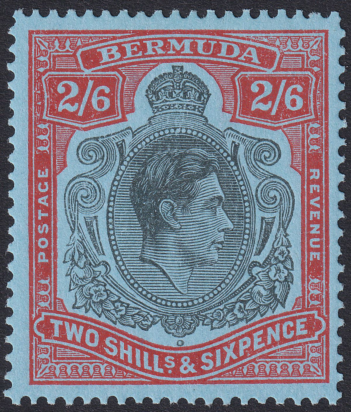 Bermuda 1952 KGVI 2sh6d Black and Carmine-Red on Pale Blue p13 Mint SG117d