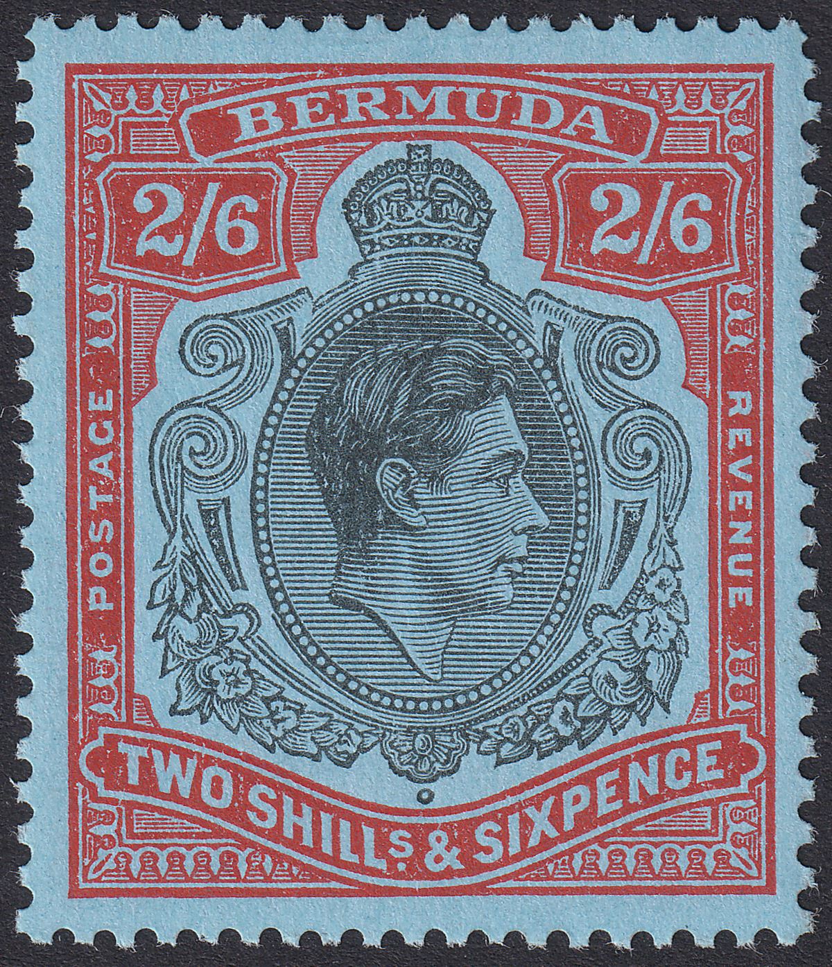Bermuda 1952 KGVI 2sh6d Black and Carmine-Red on Pale Blue p13 Mint SG117d