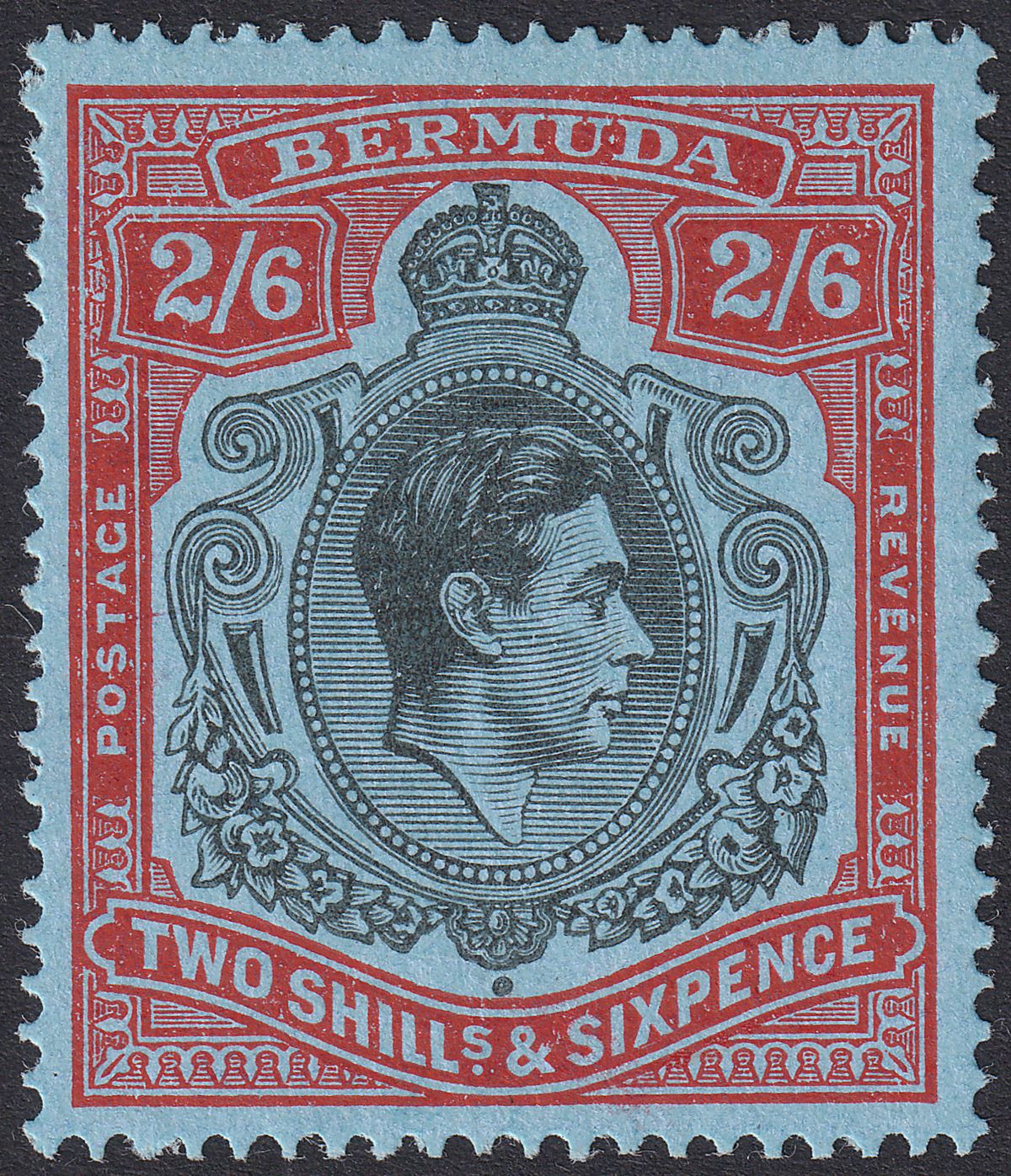 Bermuda 1941 KGVI 2sh6d Black and Carmine-Red on Pale Blue p14 Mint SG117b