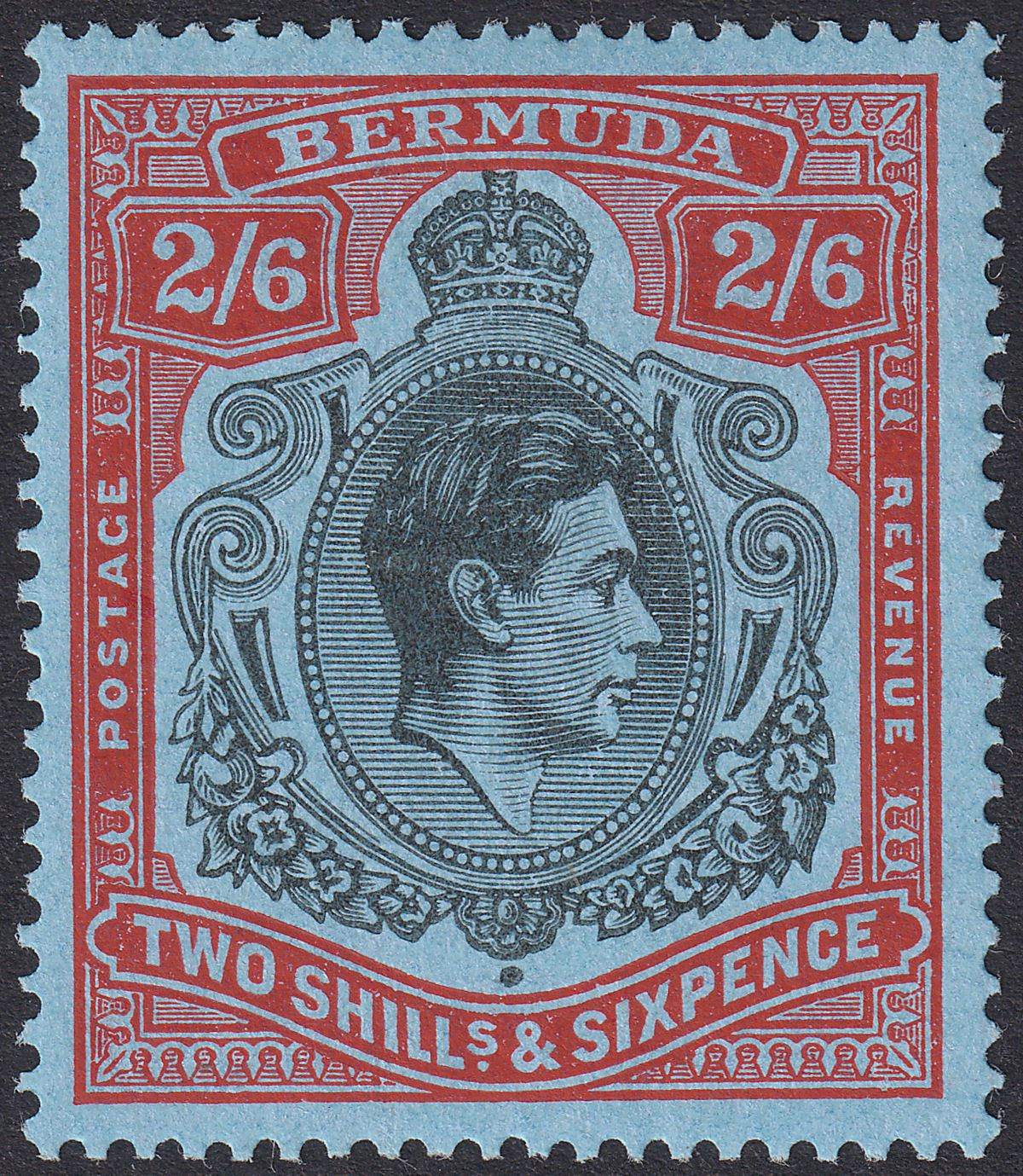 Bermuda 1941 KGVI 2sh6d Black and Carmine-Red on Pale Blue p14 Mint SG117b