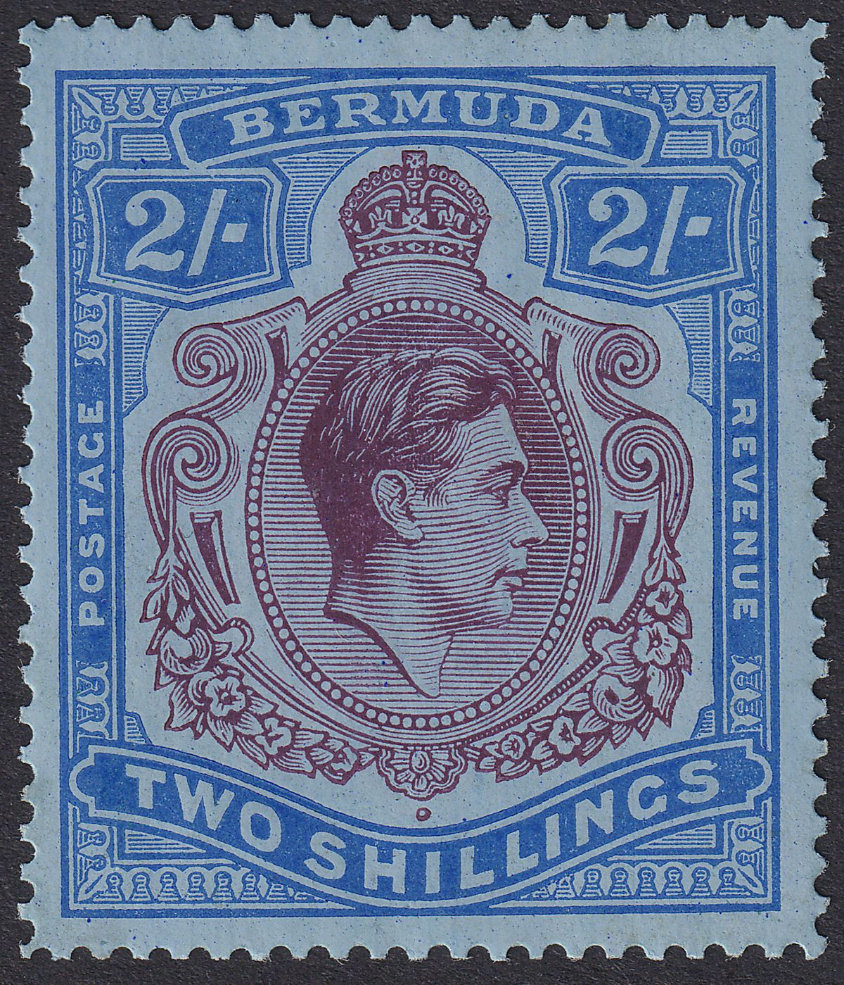 Bermuda 1941 KGVI 2sh Deep Purple and Ultramarine on Grey-Blue p14¼ Mint SG116b