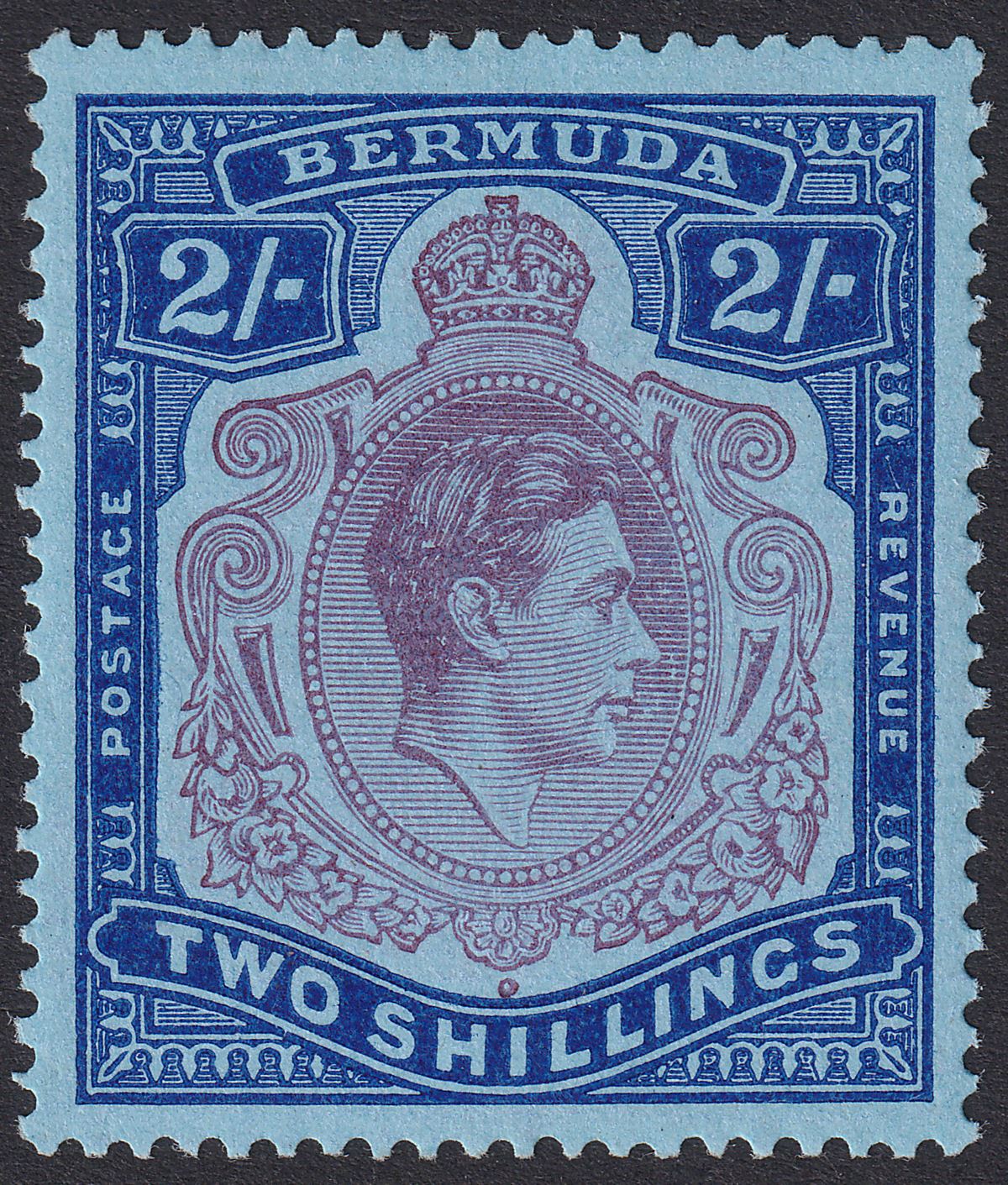 Bermuda 1944 KGVI 2sh Purple and Deep Blue on Pale Blue p14 Mint SG116d
