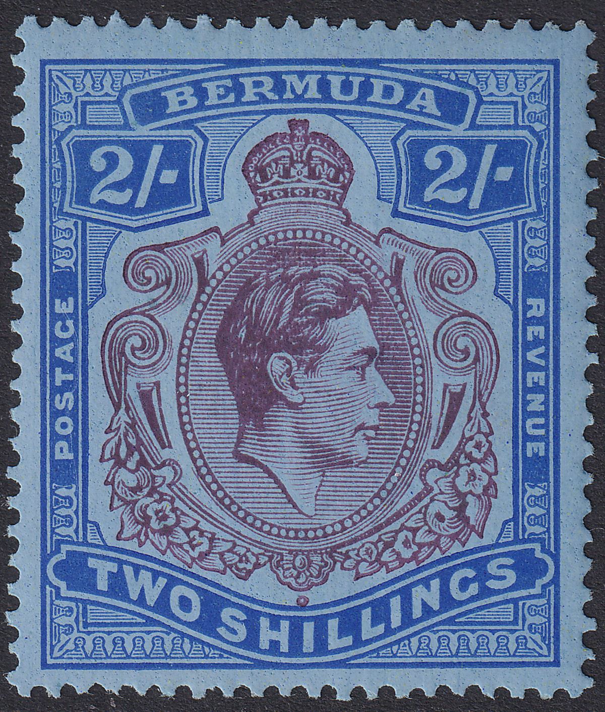 Bermuda 1937 KGVI 2sh Deep Purple + Ultramarn on Grey-Blue p14 Mint SG116 c£100