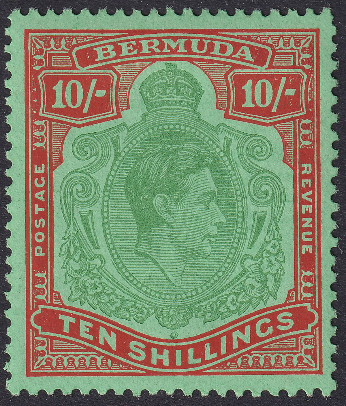 Bermuda 1951 KGVI 10sh Green and Vermilion on Green p13 Mint SG119e cat £35