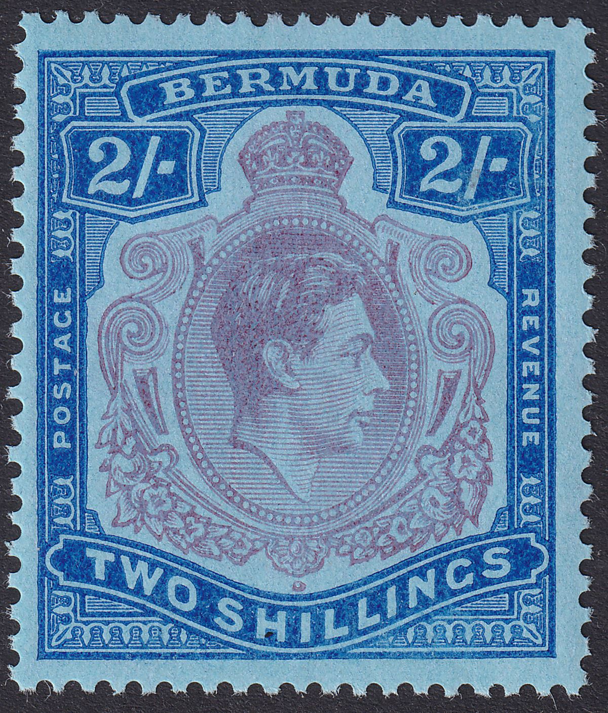Bermuda 1949 KGVI 2sh Dull Purple and Blue on Pale Blue p13 Mint SG116e cat £15