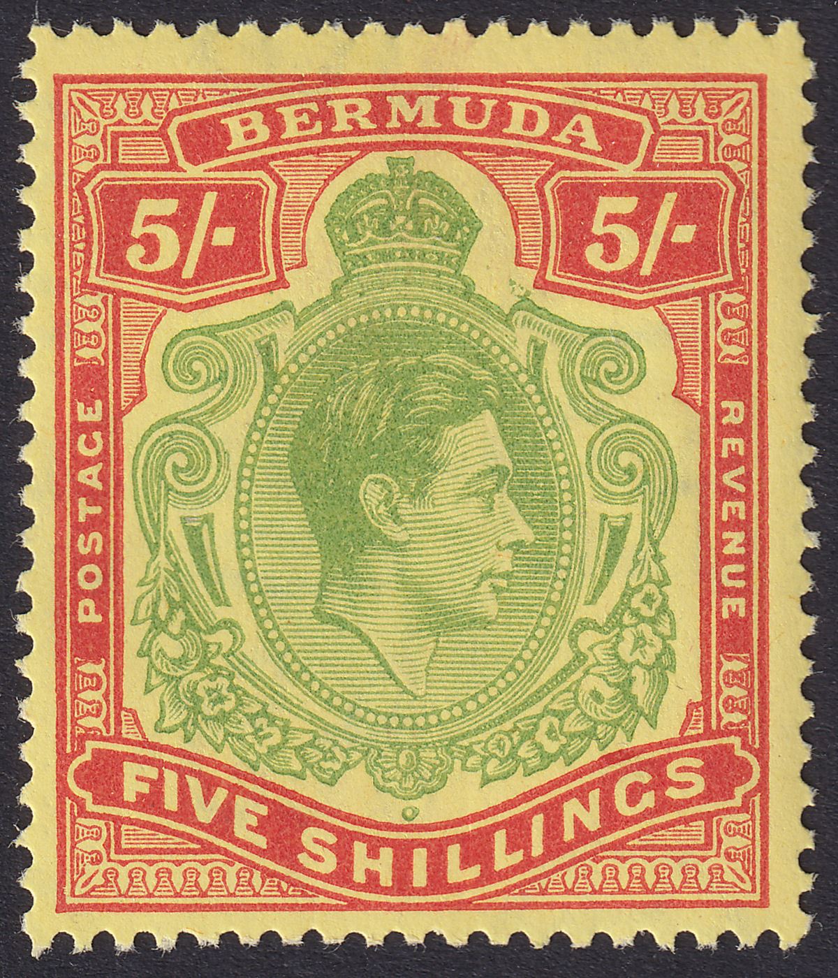Bermuda 1949 KGVI 5sh Yellow-Green + Red on Pale Yellow p13 Mint SG118f cat £32