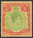 Bermuda 1949 KGVI 5sh Yellow-Green + Red on Pale Yellow p13 Mint SG118f cat £32