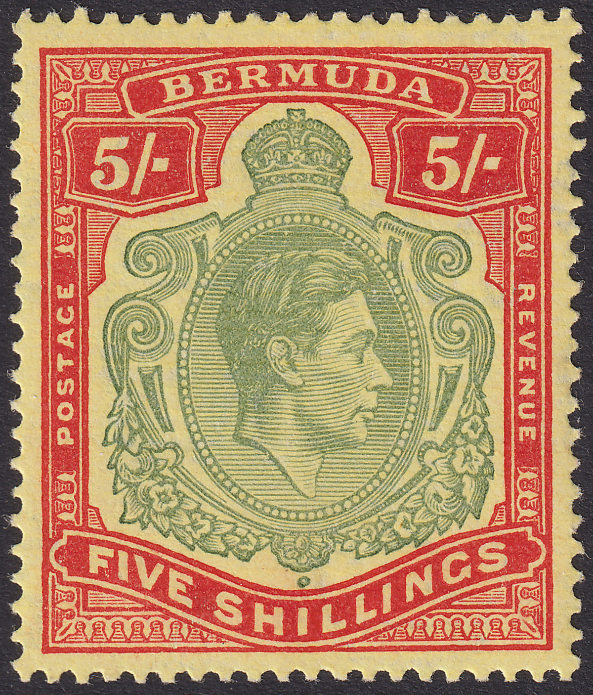 Bermuda 1941 KGVI 5sh Bronze-Green + Carm-Red on Pale Yel p14 Mint SG118c c£1200