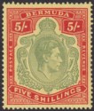 Click for more photos and details Bermuda 1941 KGVI 5sh Bronze-Green + Carm-Red on Pale Yel p14 Mint SG118c c£1200