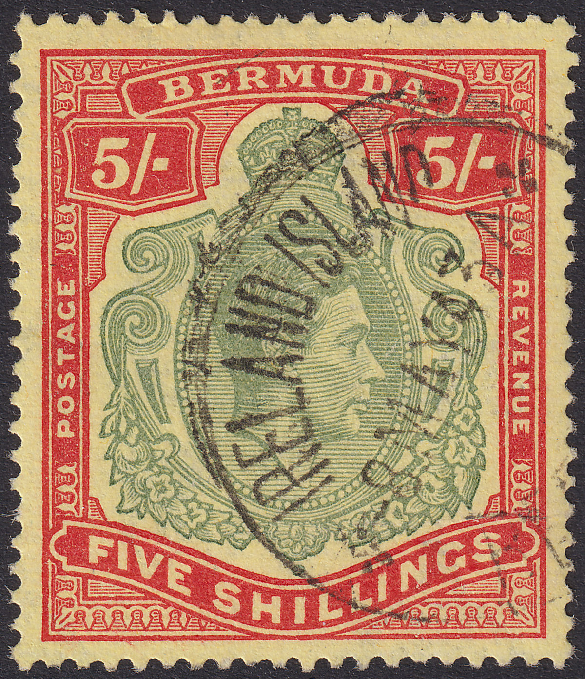 Bermuda 1941 KGVI 5sh Bronze-Green + Carm-Red on Pale Yel p14 Used SG118c c£150
