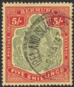 Click for more photos and details Bermuda 1941 KGVI 5sh Bronze-Green + Carm-Red on Pale Yel p14 Used SG118c c£150