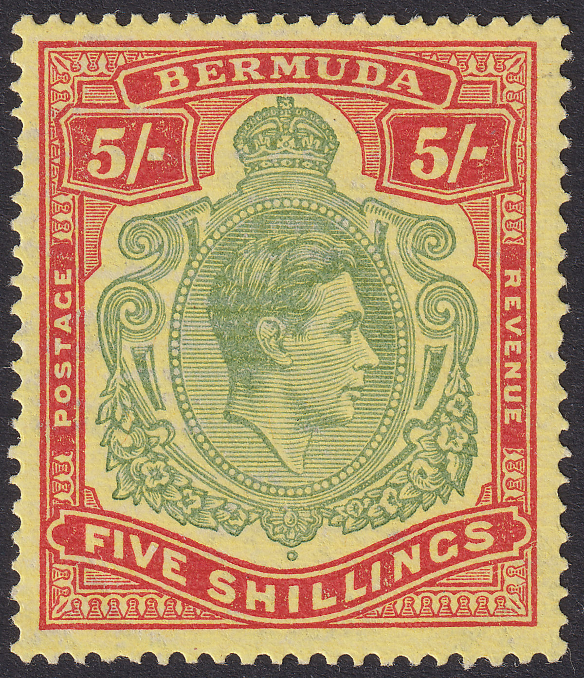 Bermuda 1946 KGVI 5sh Dull Green and Pale Red on Pale Yellow p14 UM Mint SG118e